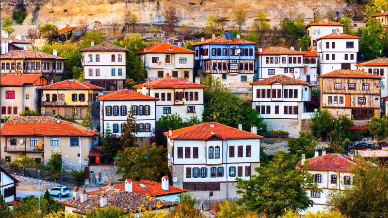 Hillside of traditional Ottoman houses with red-tiled roofs in Safranbolu