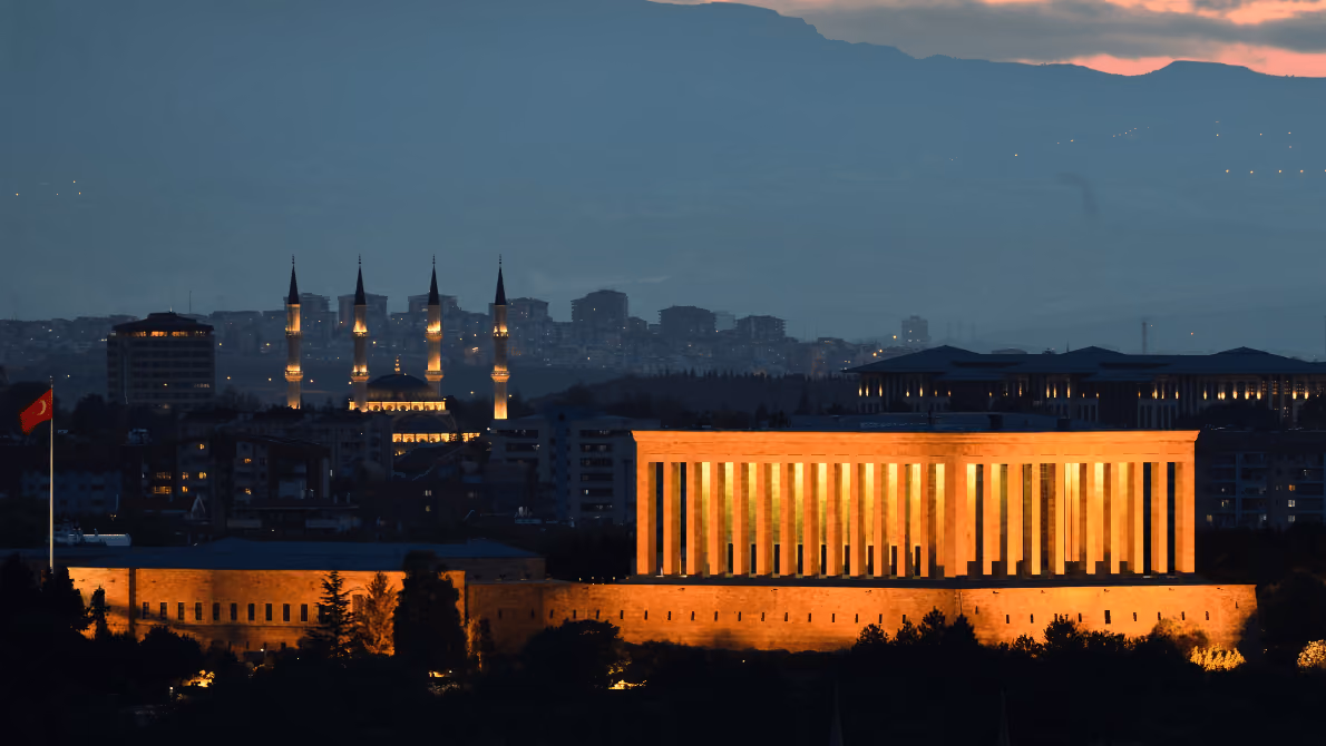 Anıtkabir, Atatürk's mausoleum in Ankara, illuminated at dusk