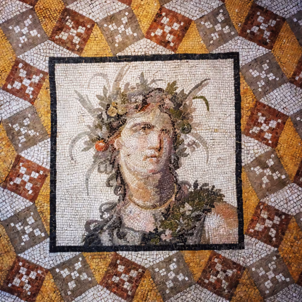 Ancient Roman mosaic portrait of a figure crowned with leaves and fruit