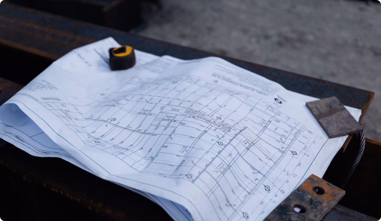Construction drawings spread out on a steel beam with a tape measure