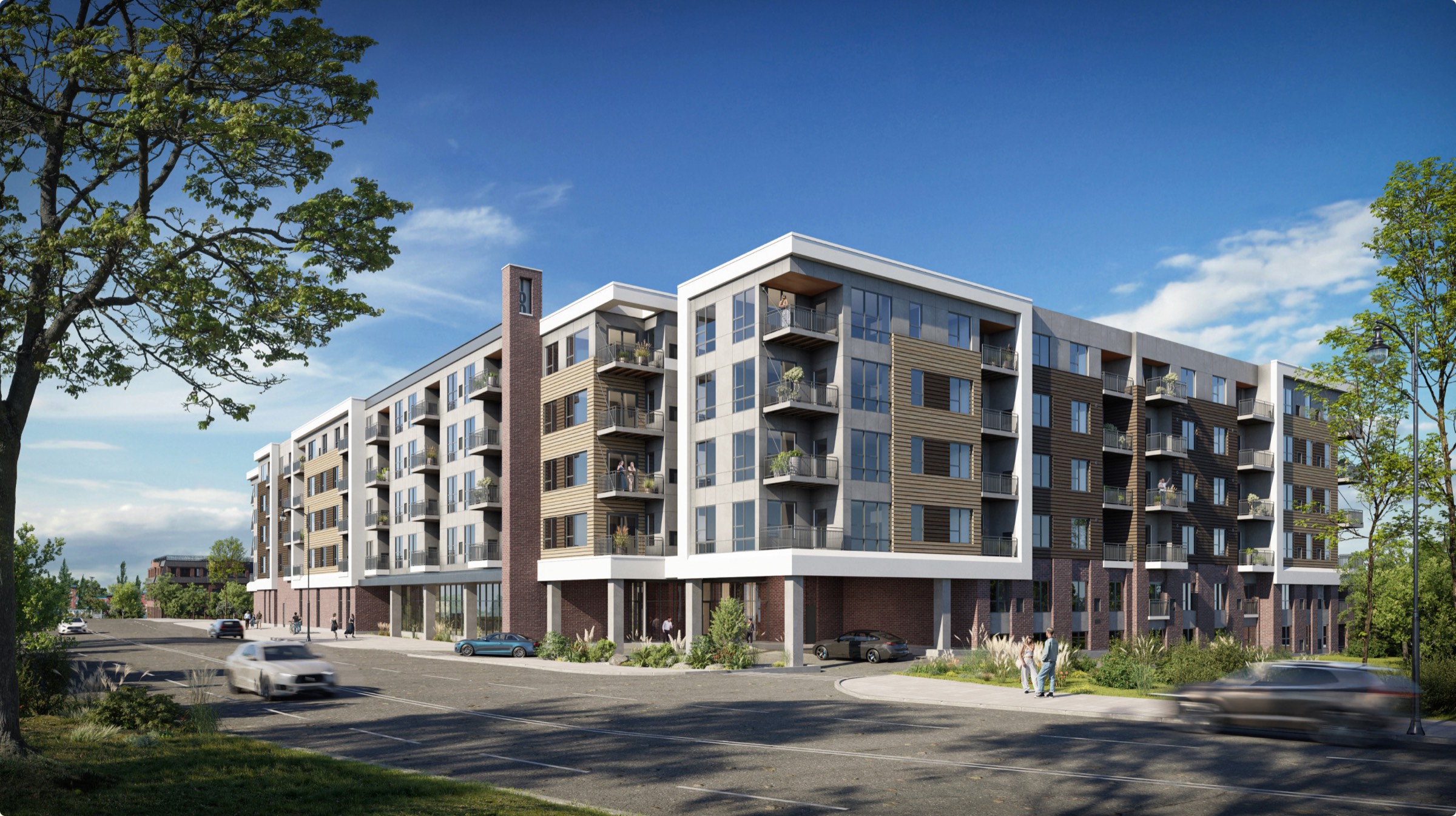 Completed Residences at Eastbank apartment building along the riverfront.