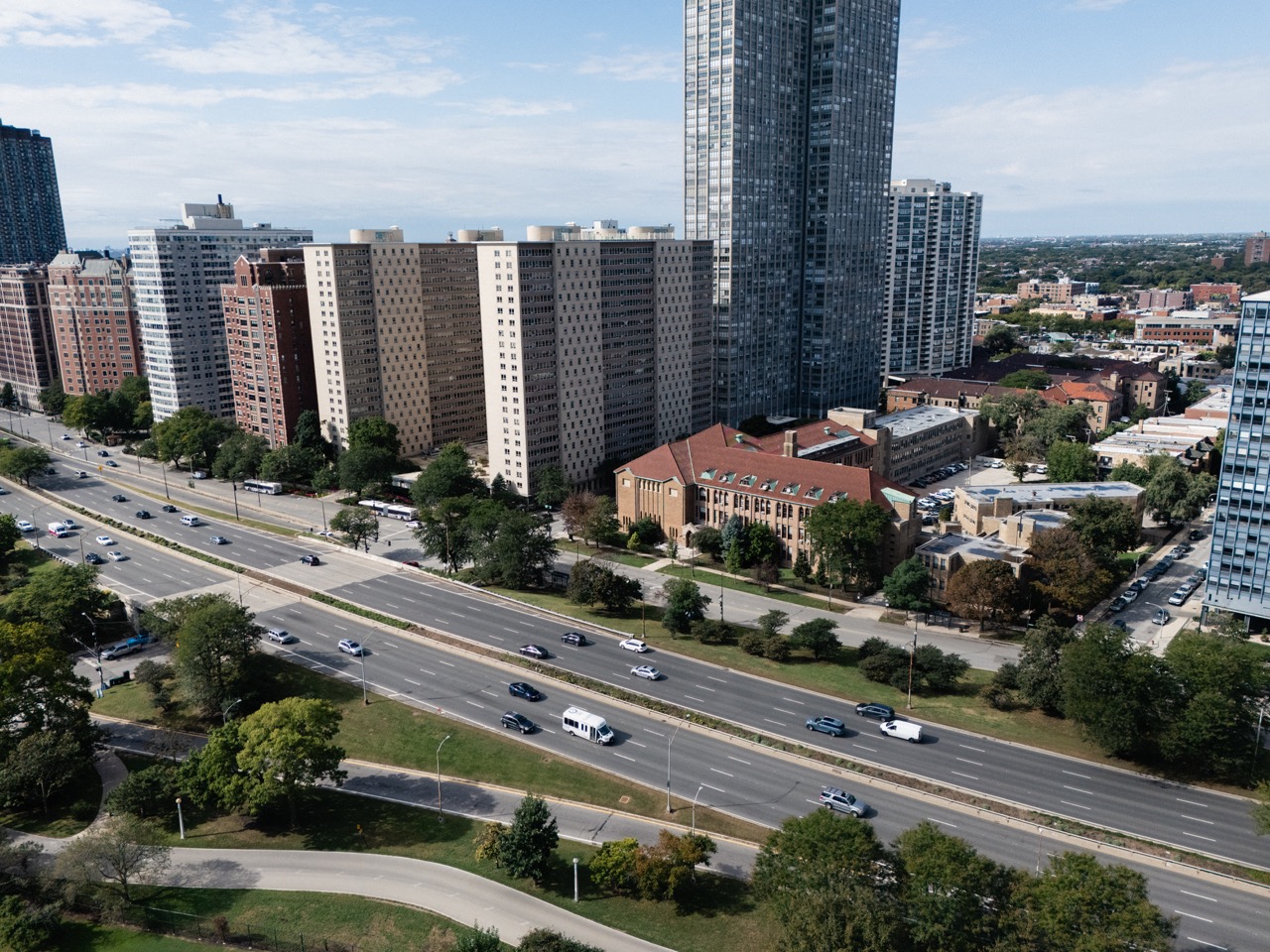Aerial view of the Residences at Eastbank site along the Fox River in Aurora.