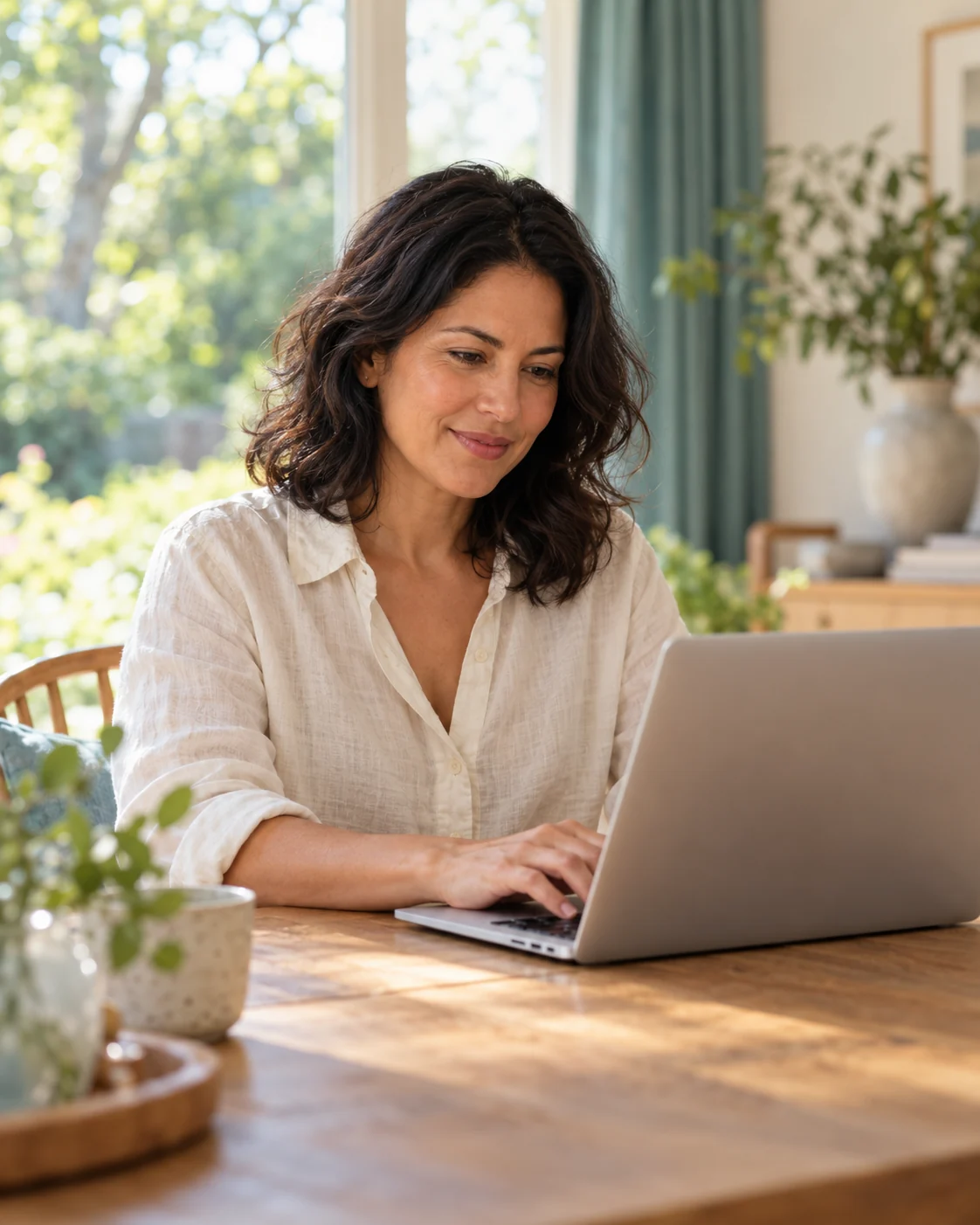 A woman using a laptop at home.