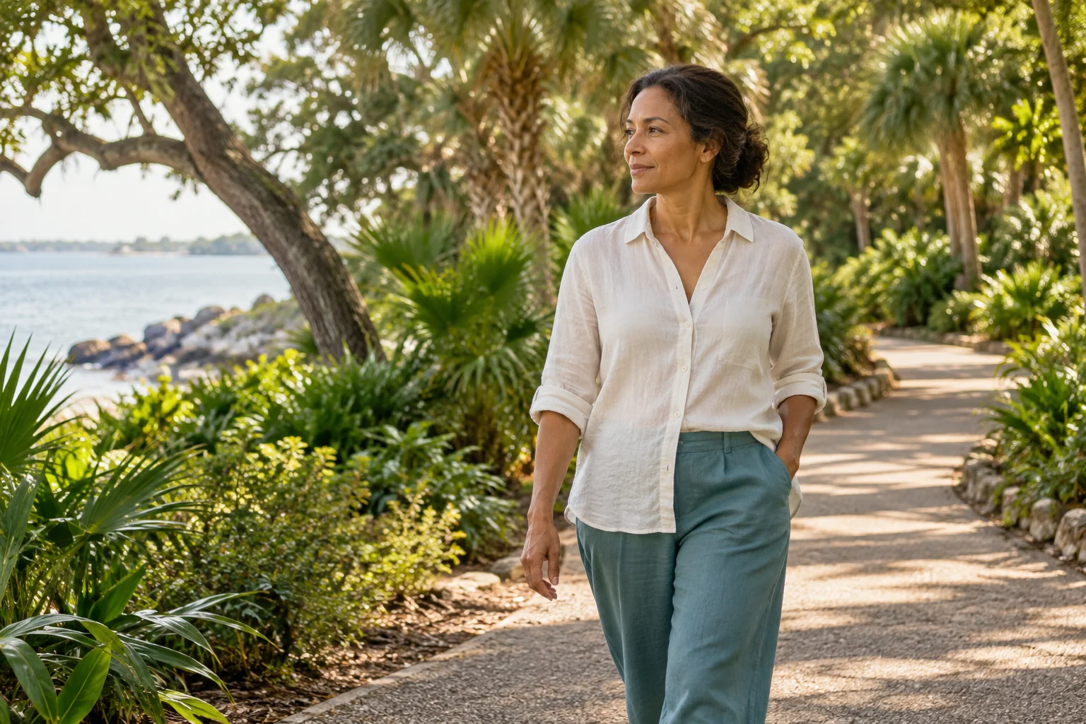 A woman walking along a quiet, leafy garden path.