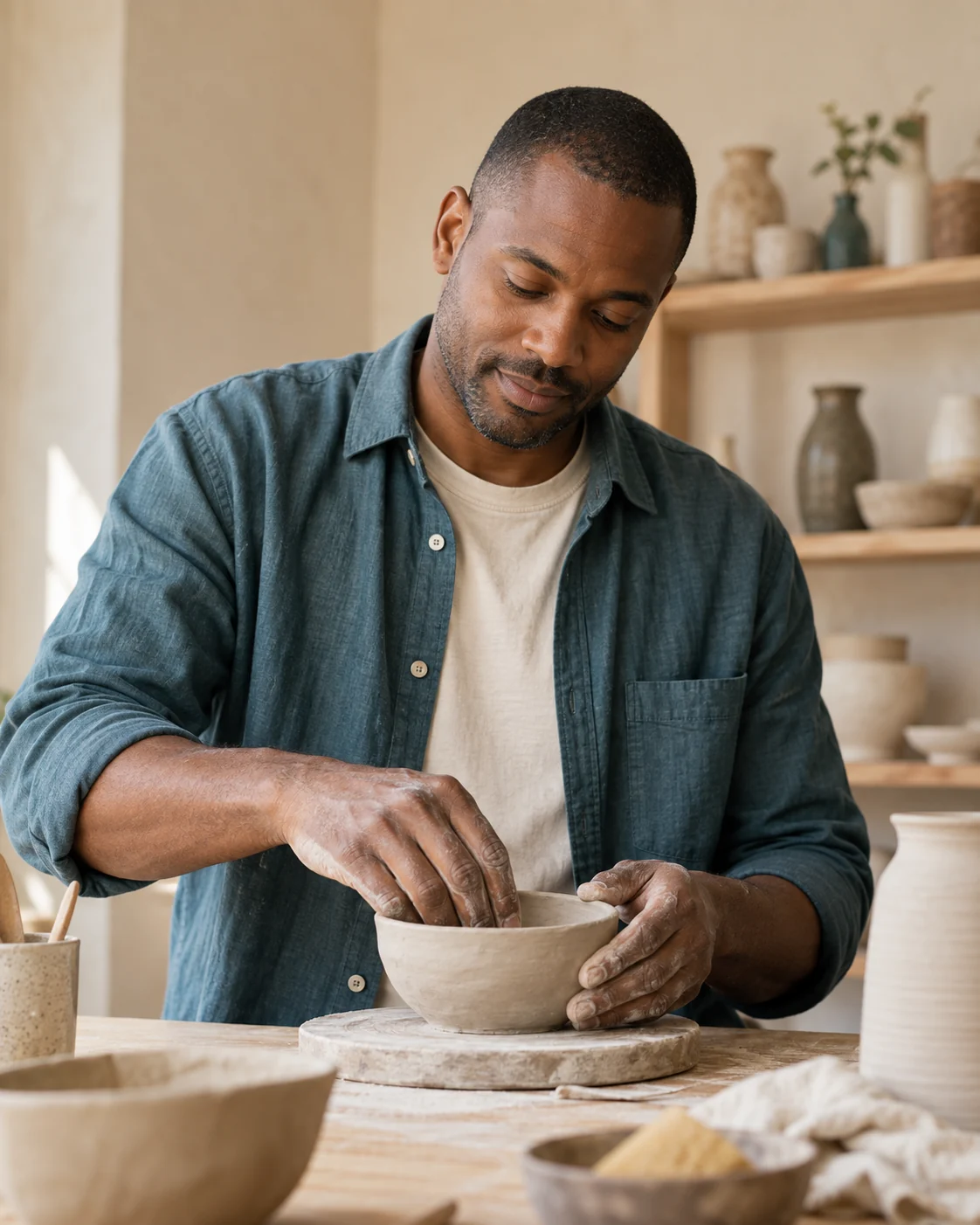 Man shaping a ceramic bowl in a sunlit studio