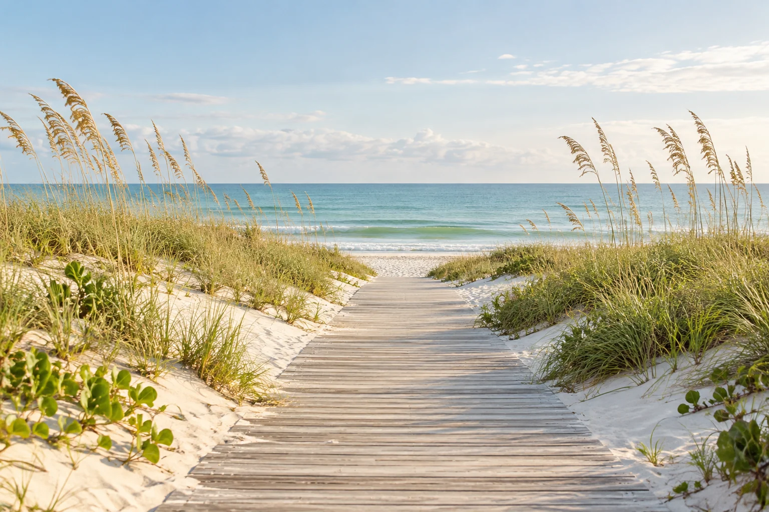 A timber boardwalk leads through coastal dunes toward a calm ocean