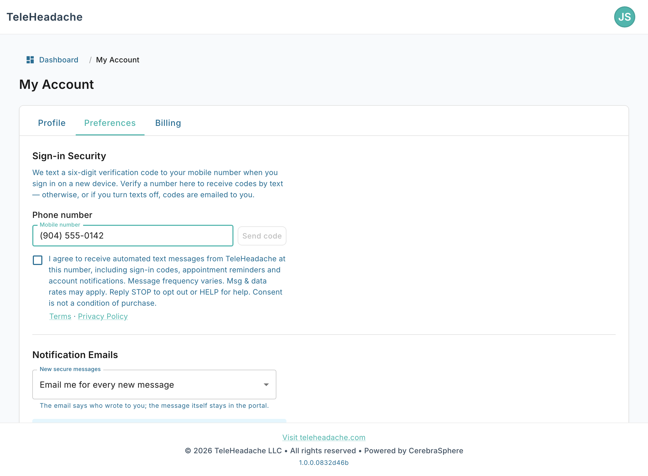 TeleHeadache portal: mobile number field with an unchecked text-message consent box and its disclosure