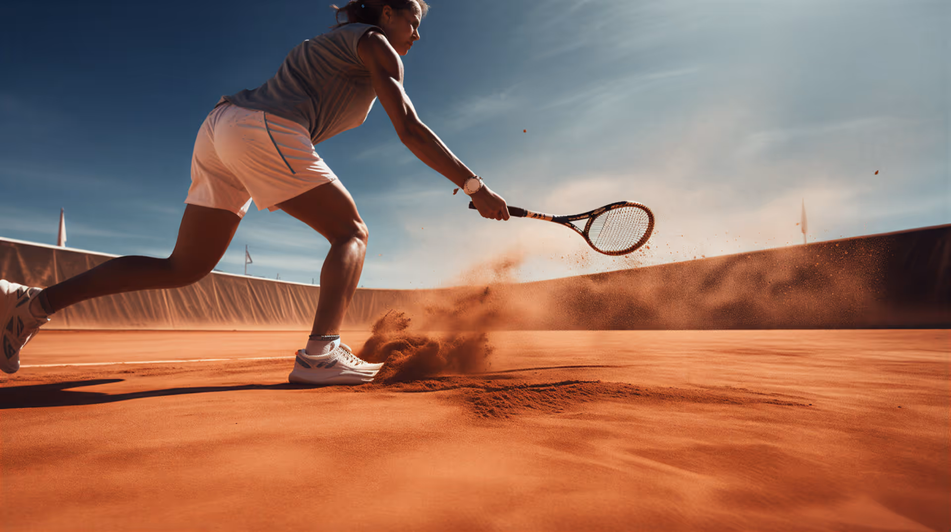 Person sitting on tennis court wearing striped socks and white sneakers surrounded by tennis balls and a wooden tennis racket.