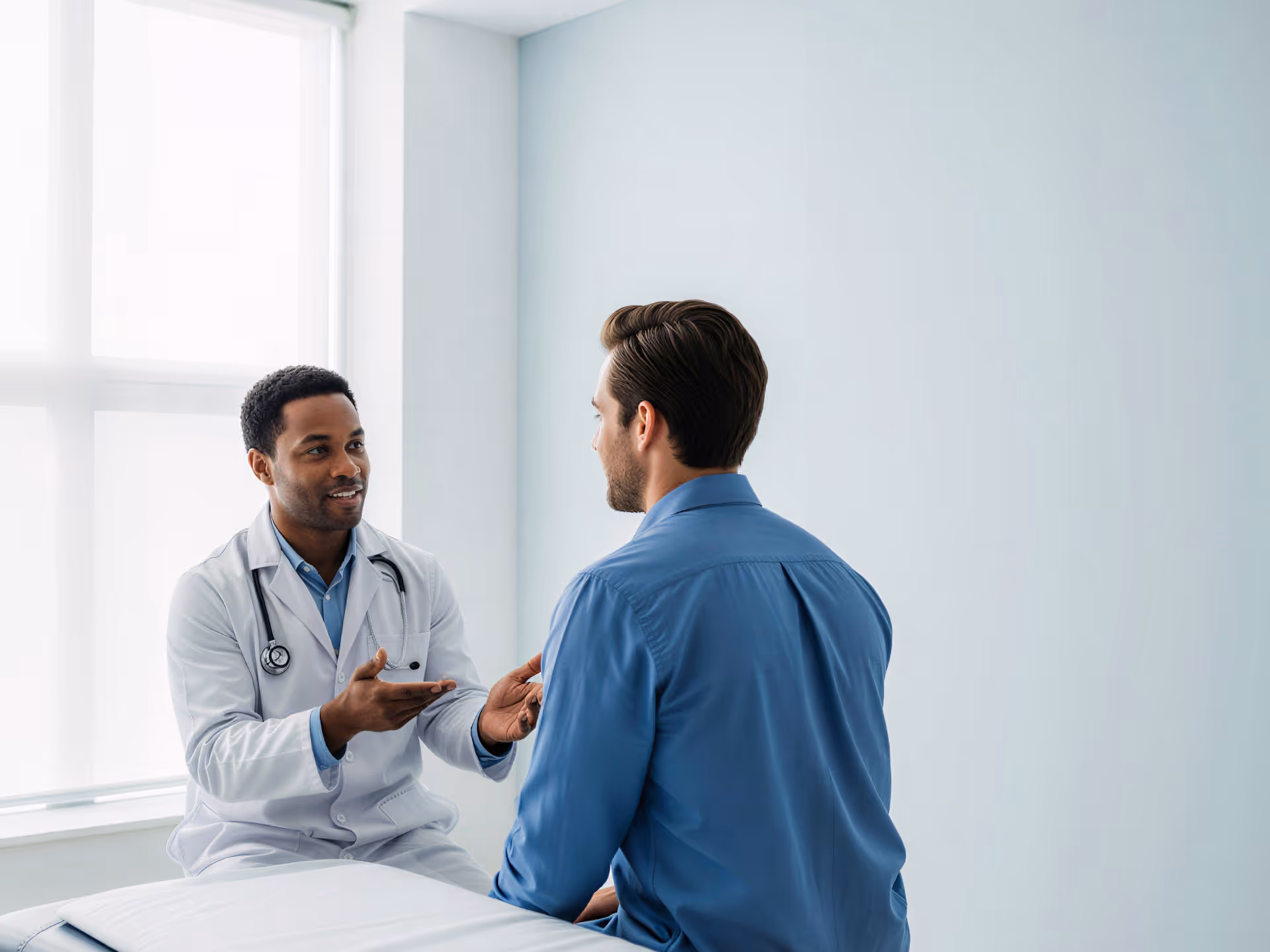 Doctor in white coat with stethoscope talking to a seated male patient in a bright medical office.