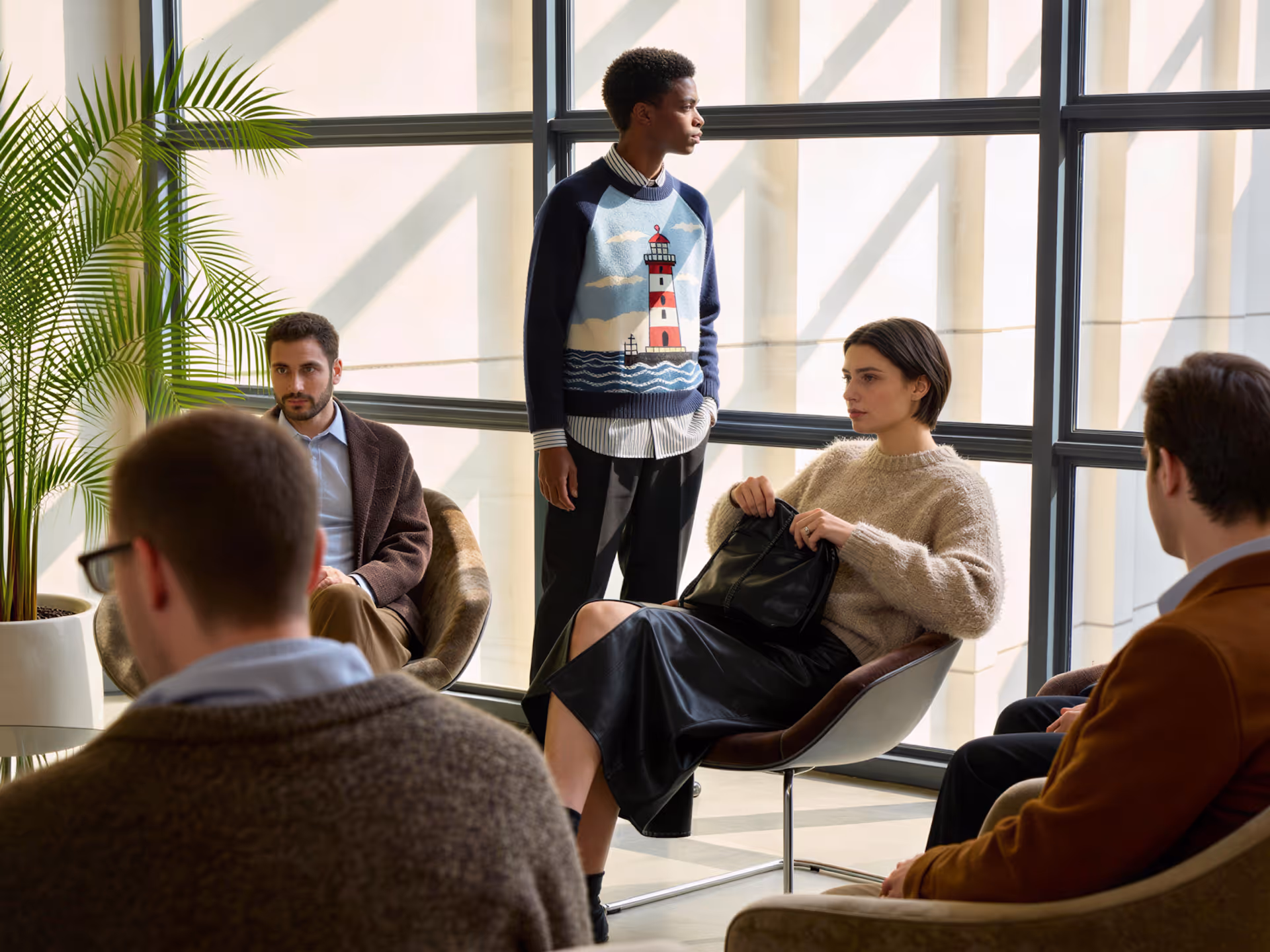 Group of five young adults in a modern room with large windows, some seated and one standing, engaged in a serious discussion.