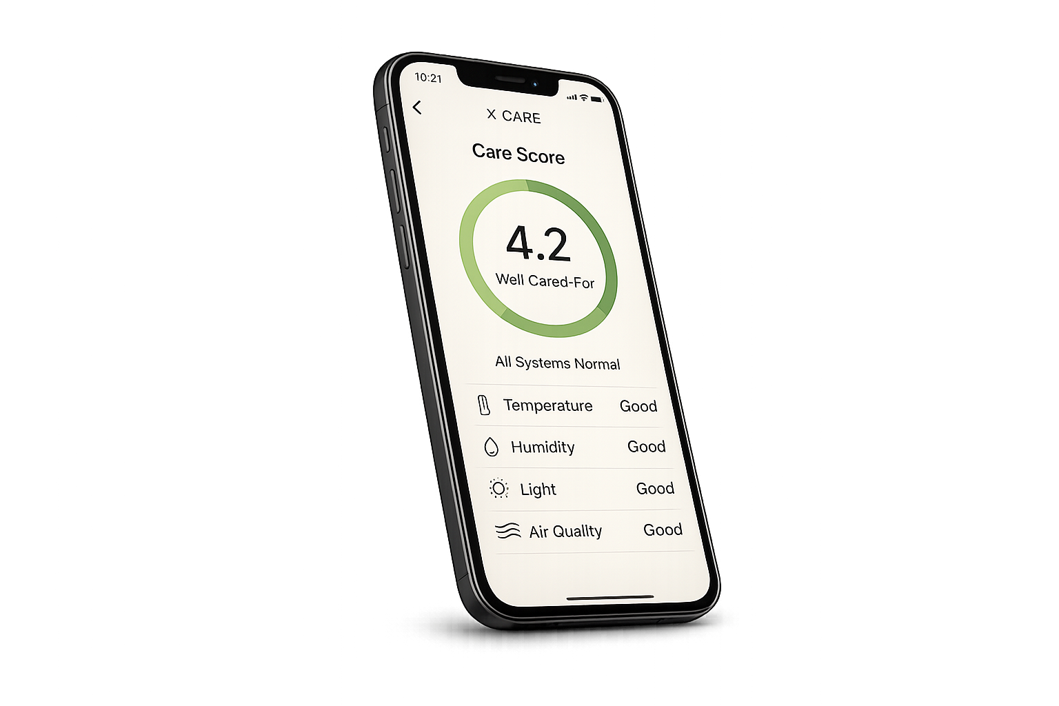 X-Care app showing a Care Score of 4.2, Well Cared-For