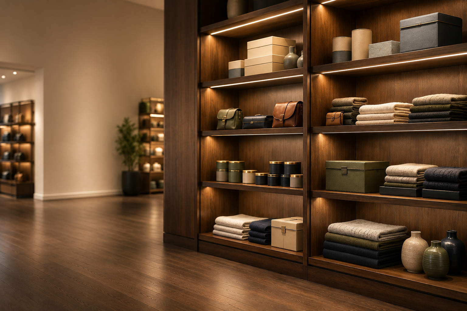 Warmly lit retail interior with stocked display shelving
