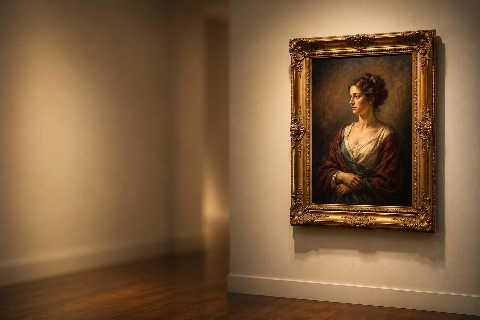 Framed portrait painting displayed on a gallery wall