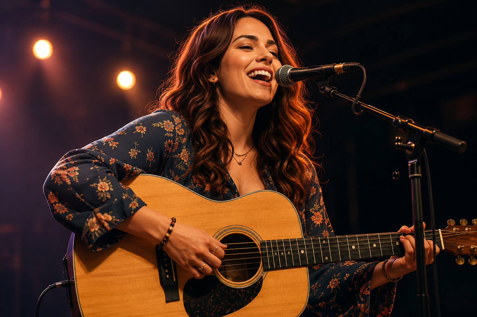 Emma performing live with an acoustic guitar, featured in the X-Care Performer Series