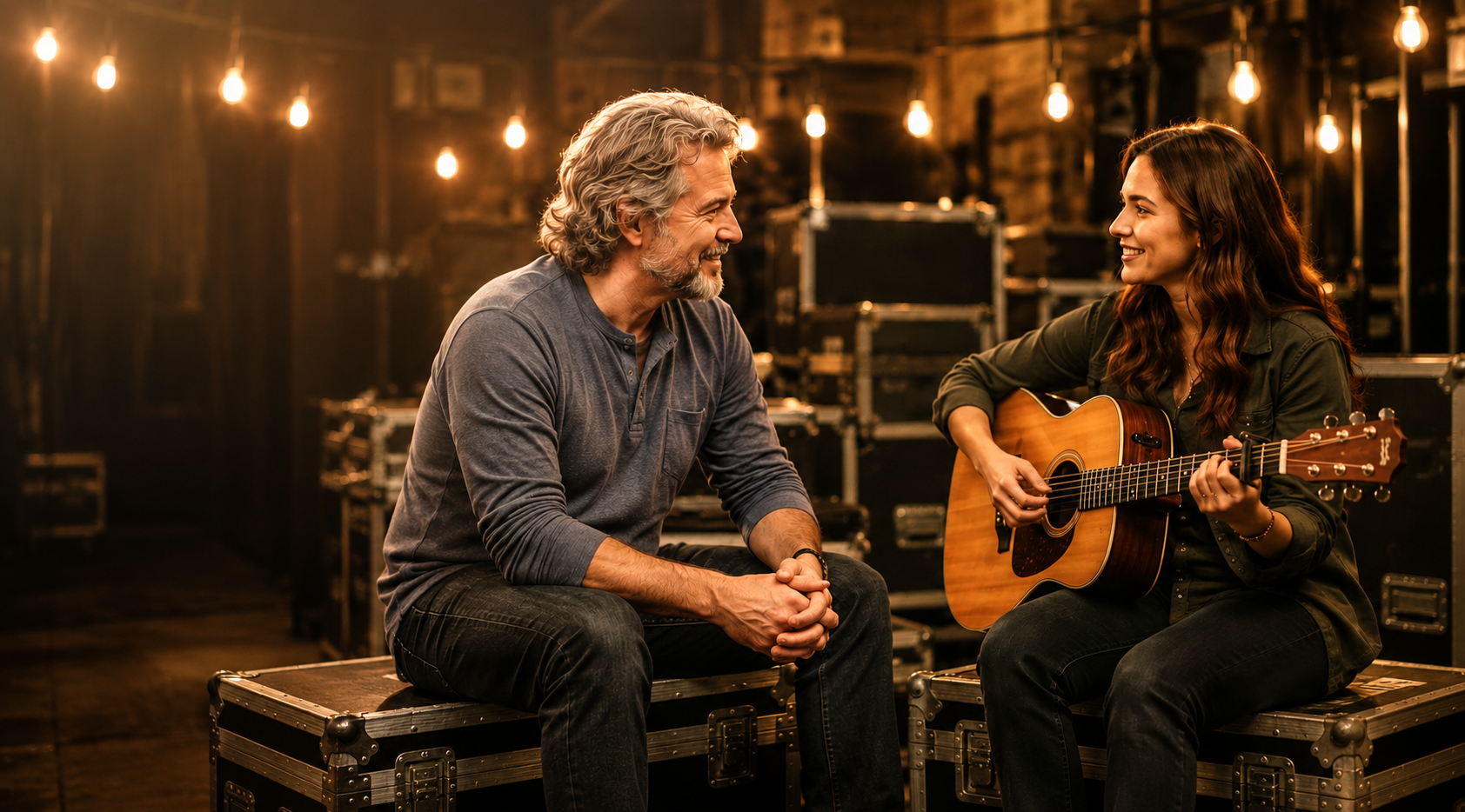 Emma and her mentor with an acoustic guitar in a warm backstage touring environment