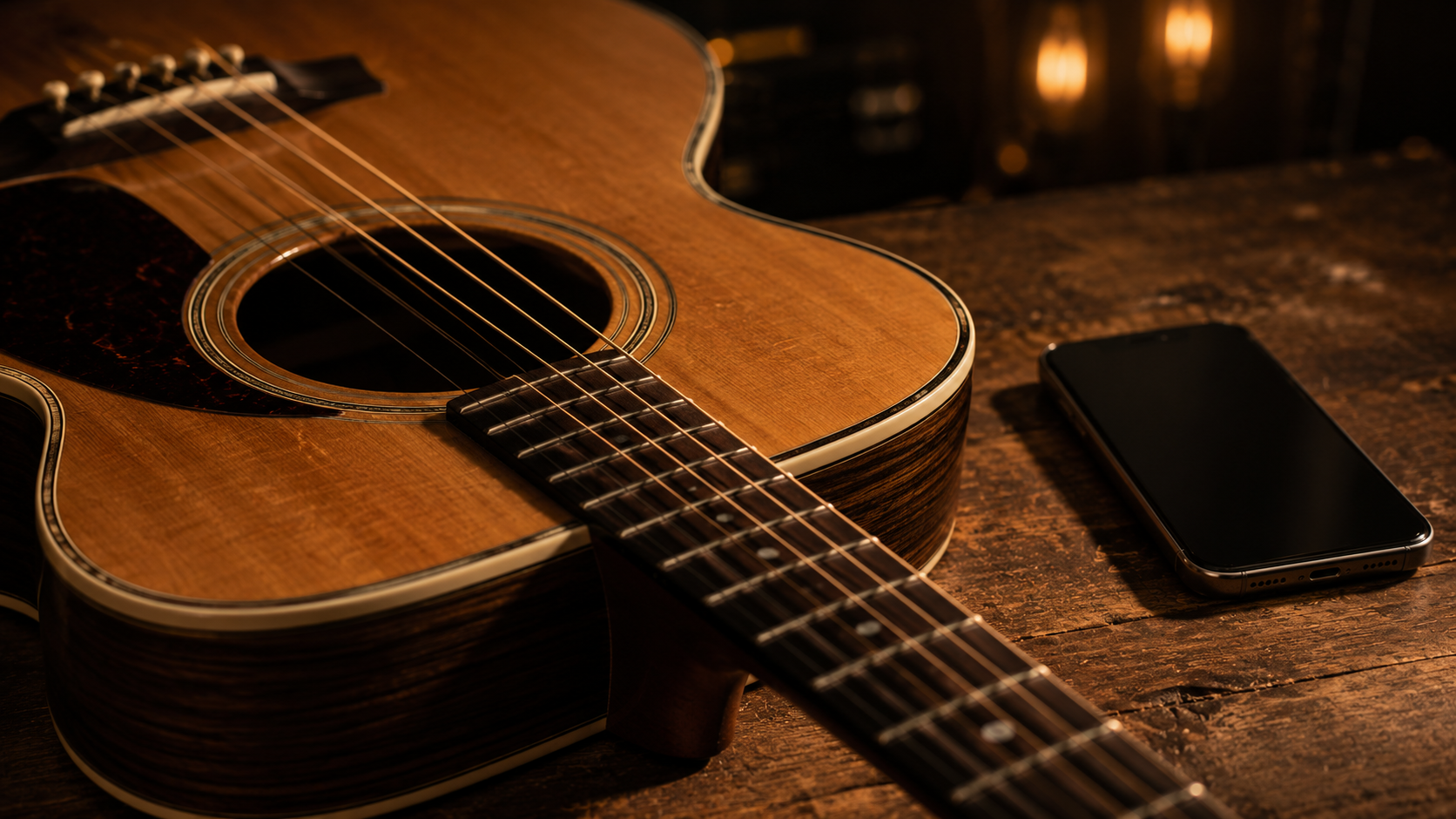 Acoustic guitar resting in a warm interior, illustrating instrument care