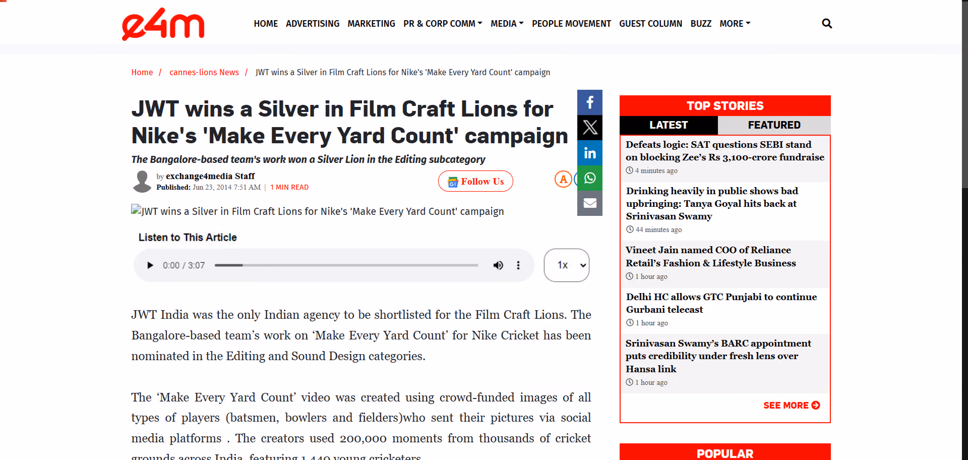 Exchange4media: Film Craft Lion for Make Every Yard Count | First December Films