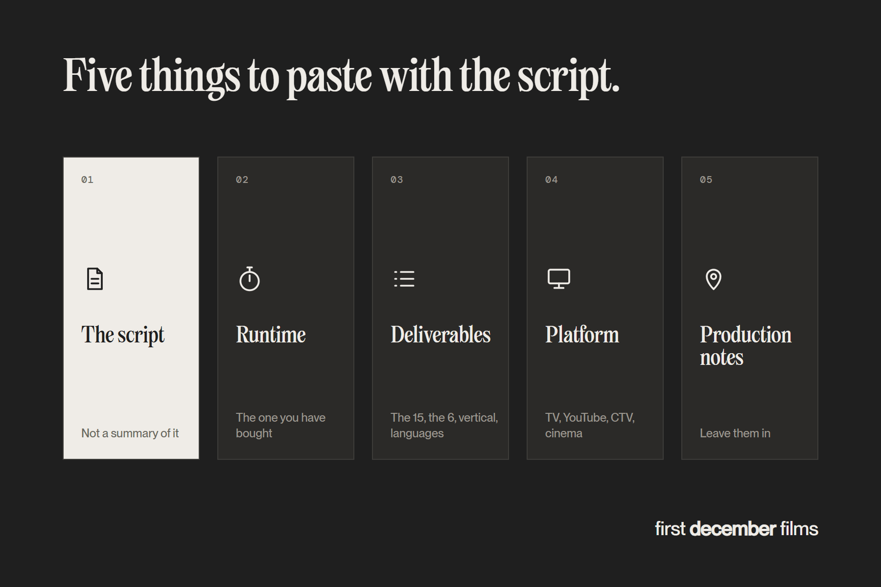 Five things to paste with an ad script for analysis: the script, runtime, deliverables, platform, production notes