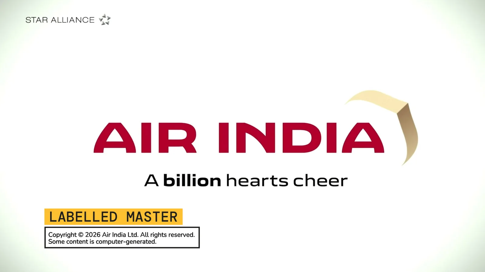 The end card of Air India's film There is an Air About India, with the line A billion hearts cheer and the disclosure Some content is computer-generated outlined
