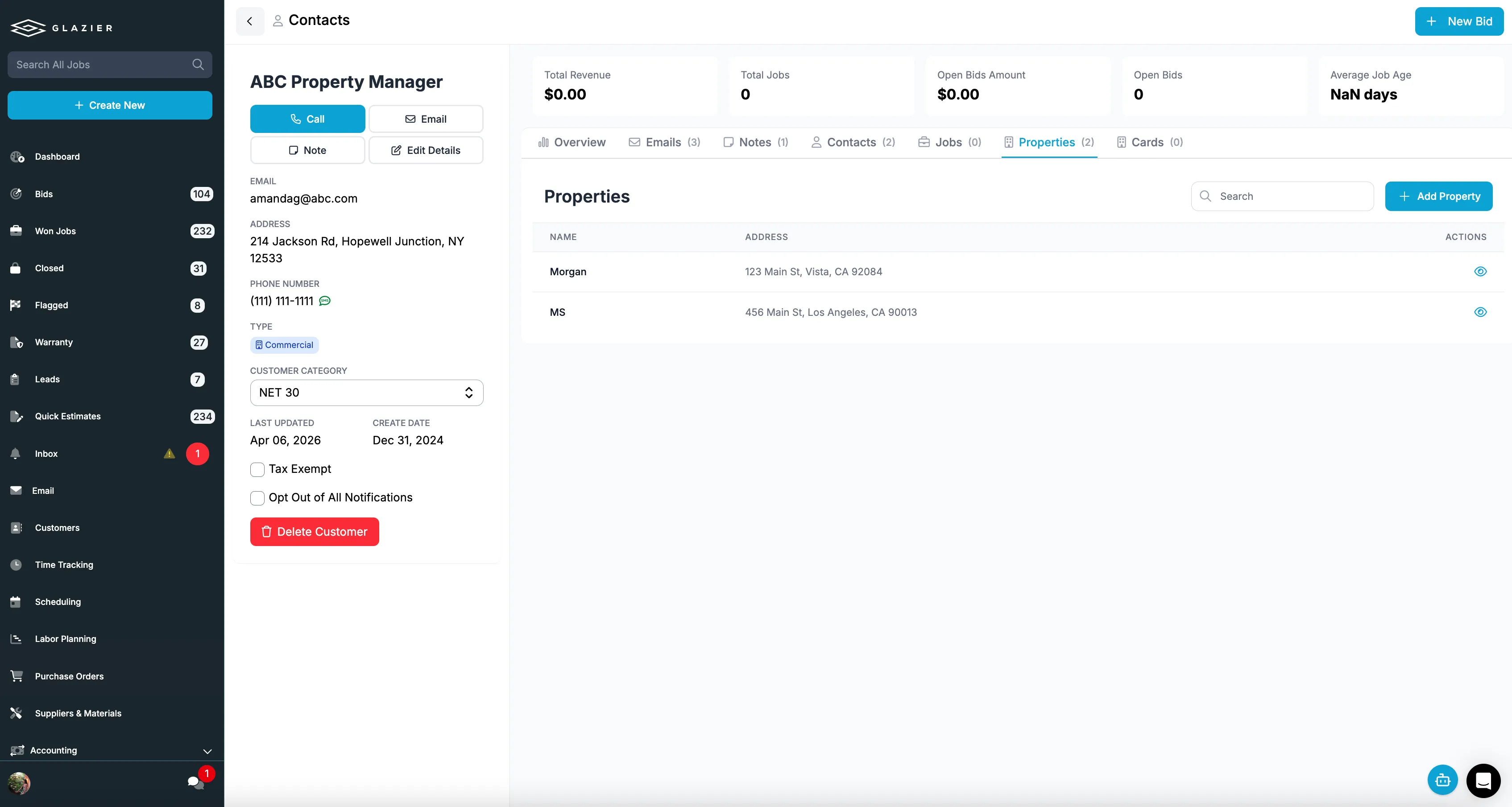 Glazier customer record for a property manager, with contact details, total revenue and job counts across the top, and a properties tab listing each property that customer owns with its address