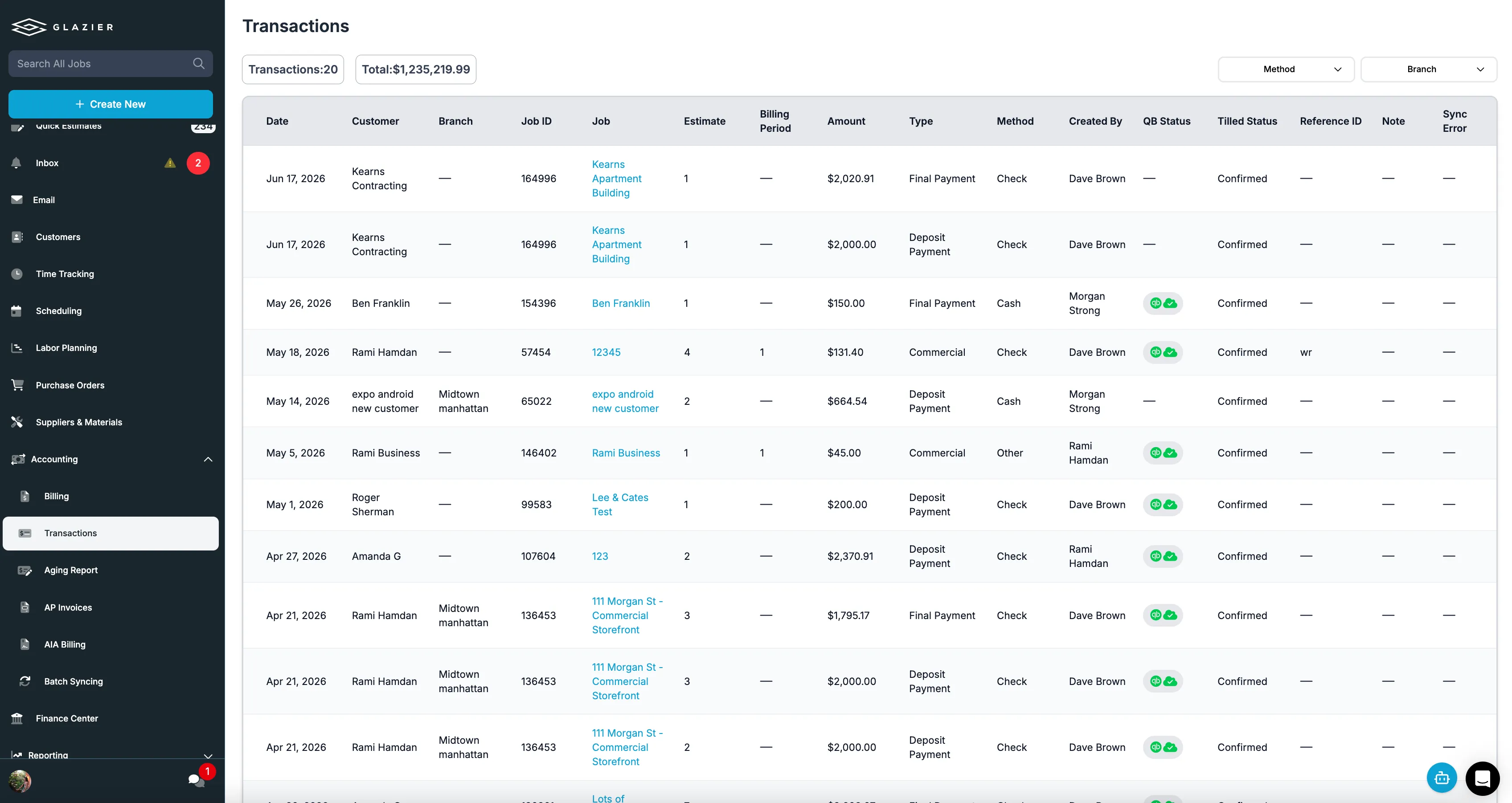 Glazier transactions list with each payment's date, customer, job, amount, type, method, QuickBooks status and confirmed status