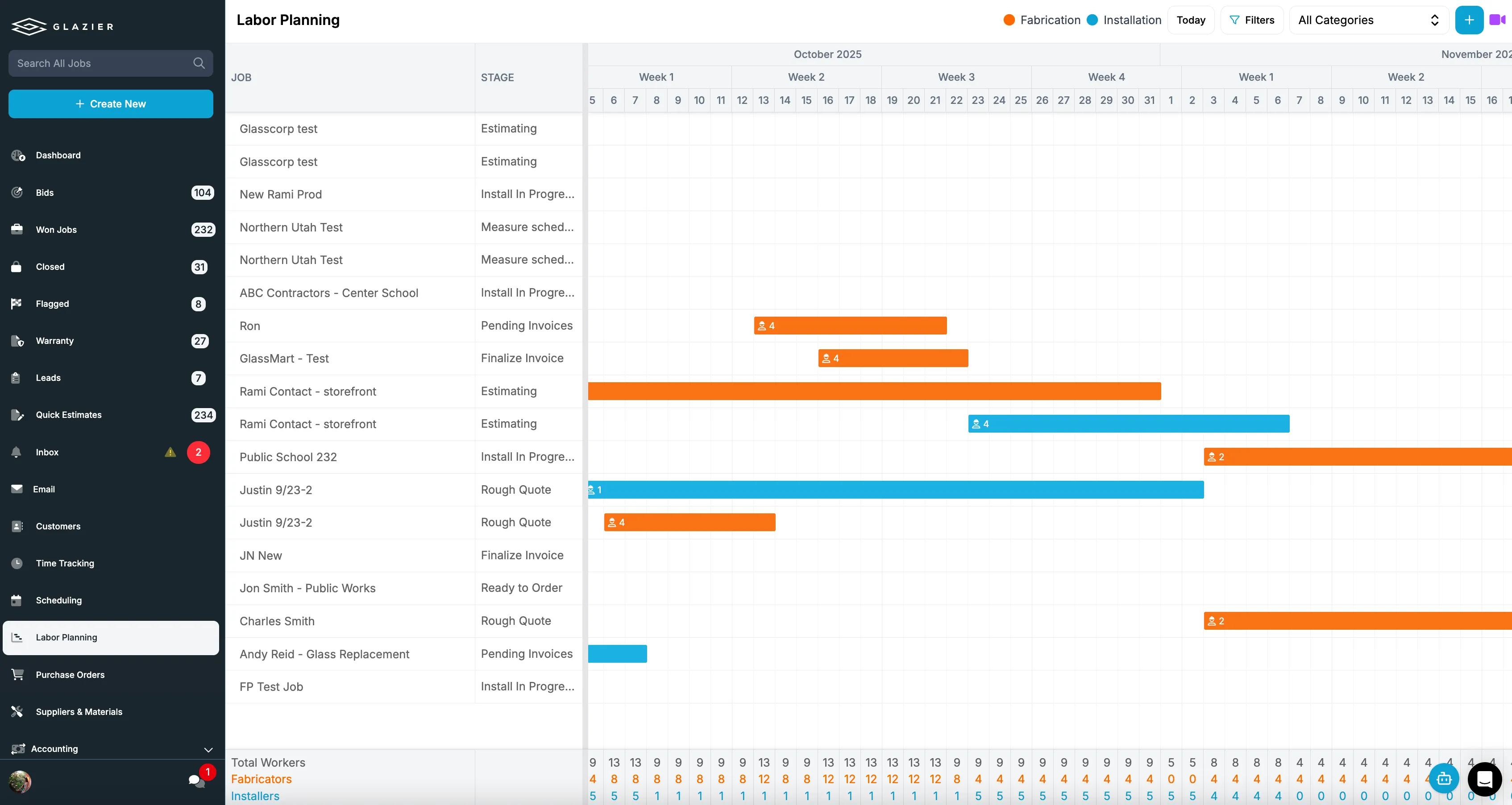 The Glazier Labor Planning screen, a timeline of jobs by stage with orange fabrication bars and blue installation bars, and rows along the bottom totalling workers, fabricators and installers for each day