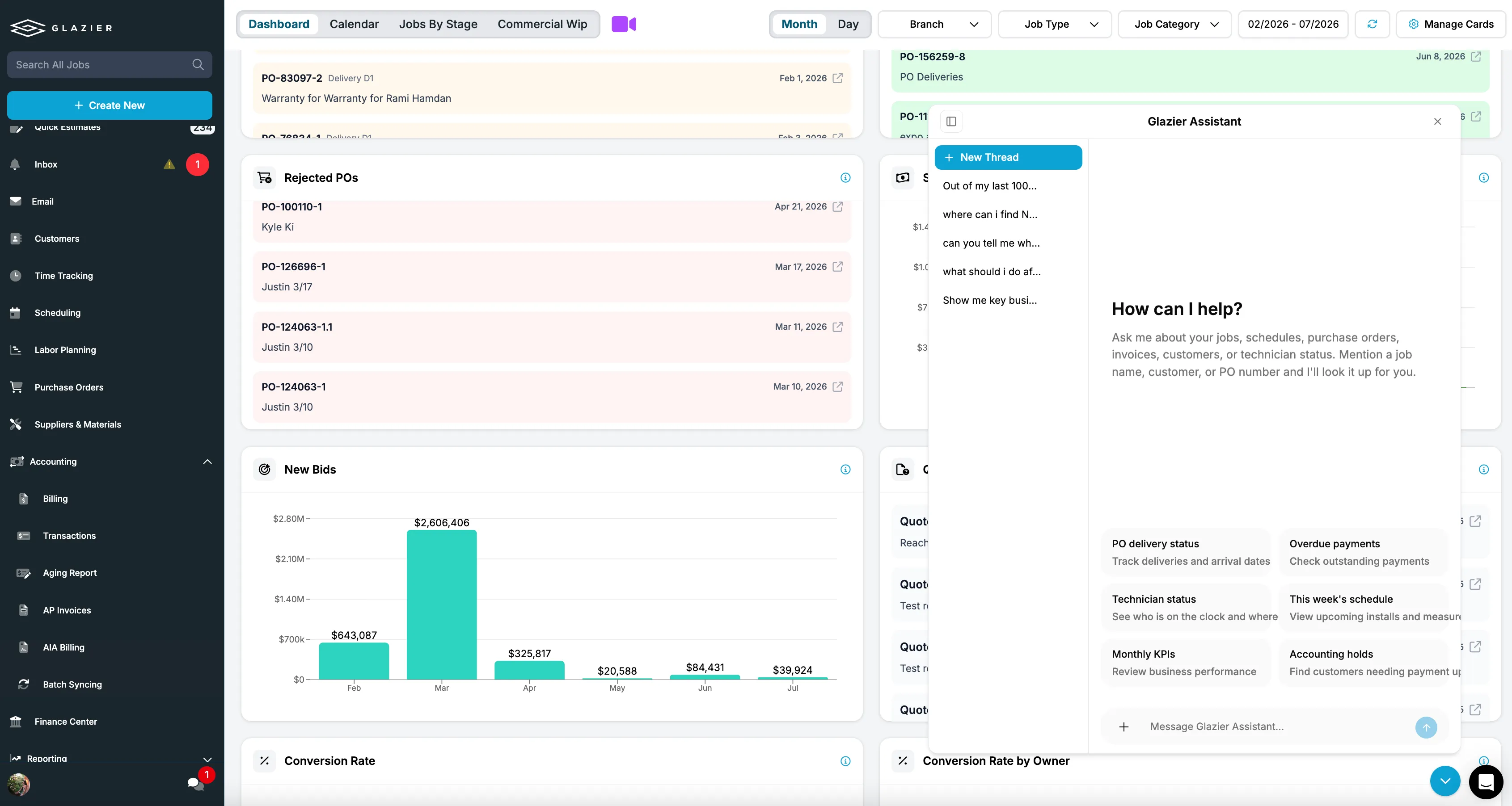 Glazier dashboard with a Glazier Assistant chat panel open, offering suggestions such as PO delivery status, overdue payments, technician status and monthly KPIs