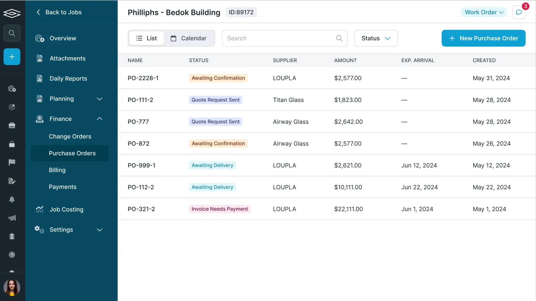 The Glazier Purchase Orders list for one job, with each PO's status such as Awaiting Confirmation, Quote Request Sent and Awaiting Delivery, its supplier, amount, expected arrival and created date