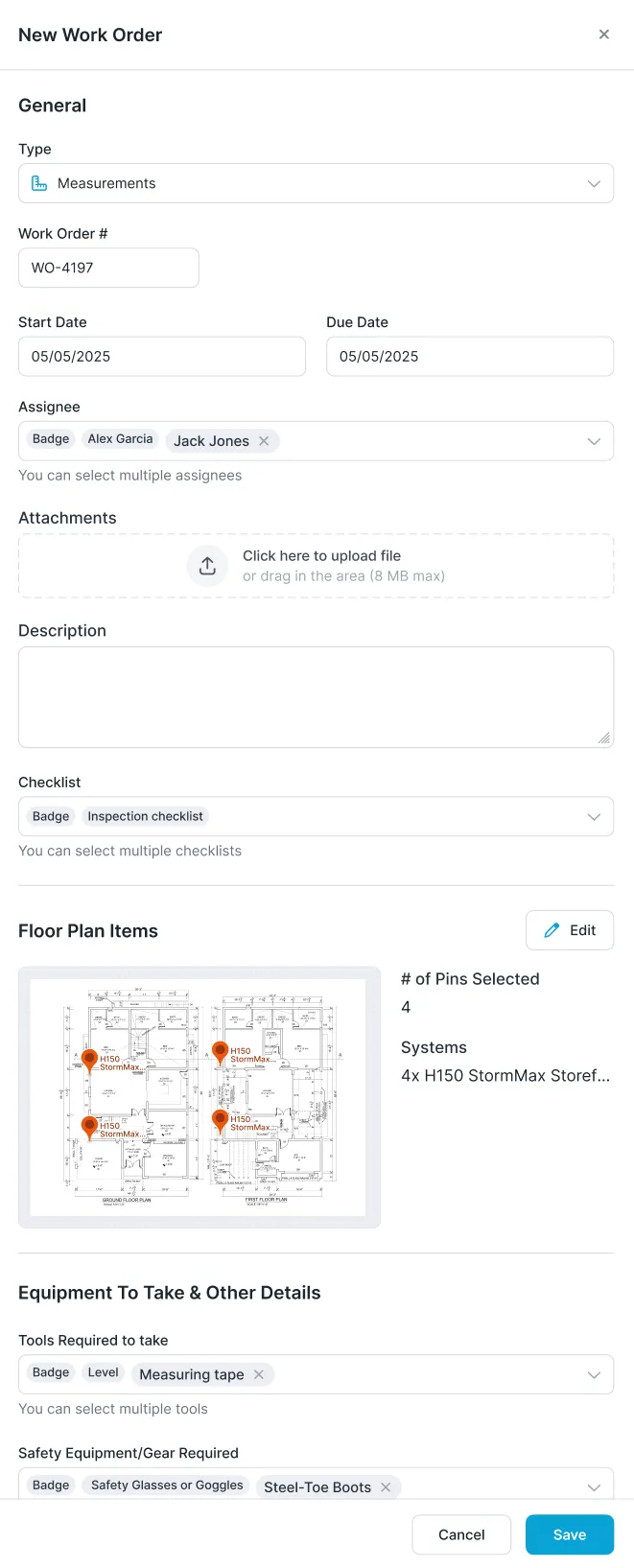 The Glazier New Work Order form for a Measurements work order, with assignees, an inspection checklist, a floor plan with four pins and a list of tools and safety gear to take