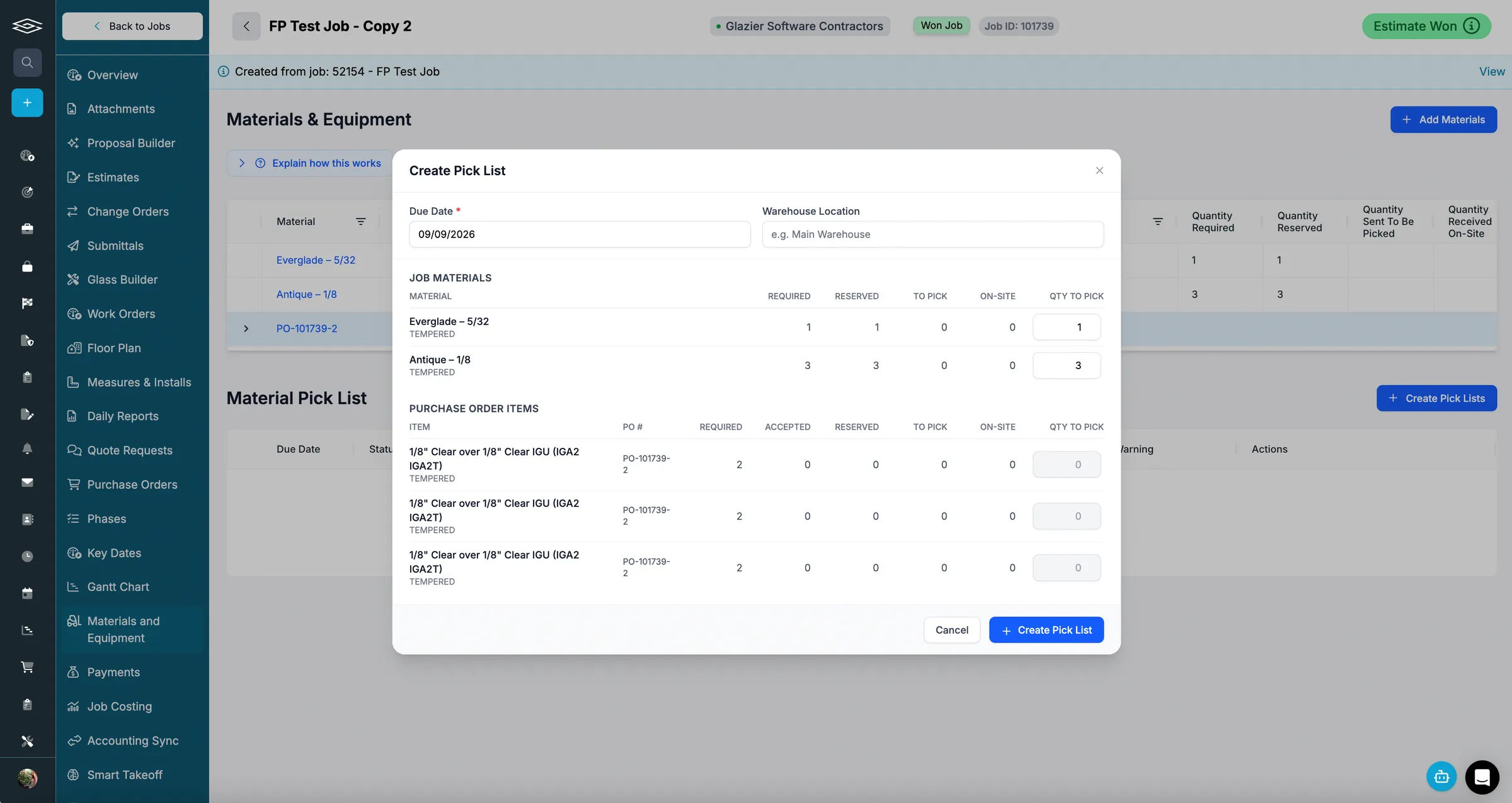 The Create Pick List dialog on a Glazier job's Materials and Equipment screen, listing job materials and purchase order items with required, reserved, to pick and on-site quantities