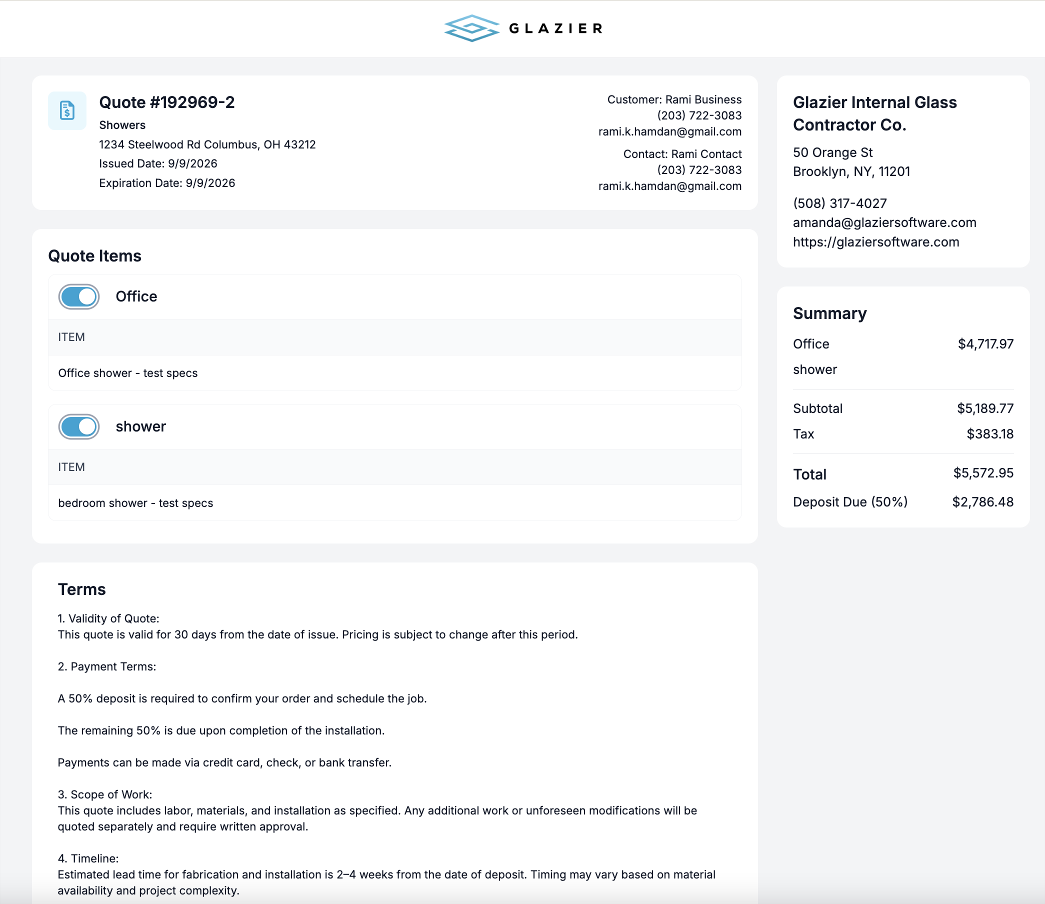 A Glazier web quote as the customer sees it: the job header, quote items each with a toggle the customer can switch on or off, a running summary with subtotal, tax, total and the deposit due, and the terms below