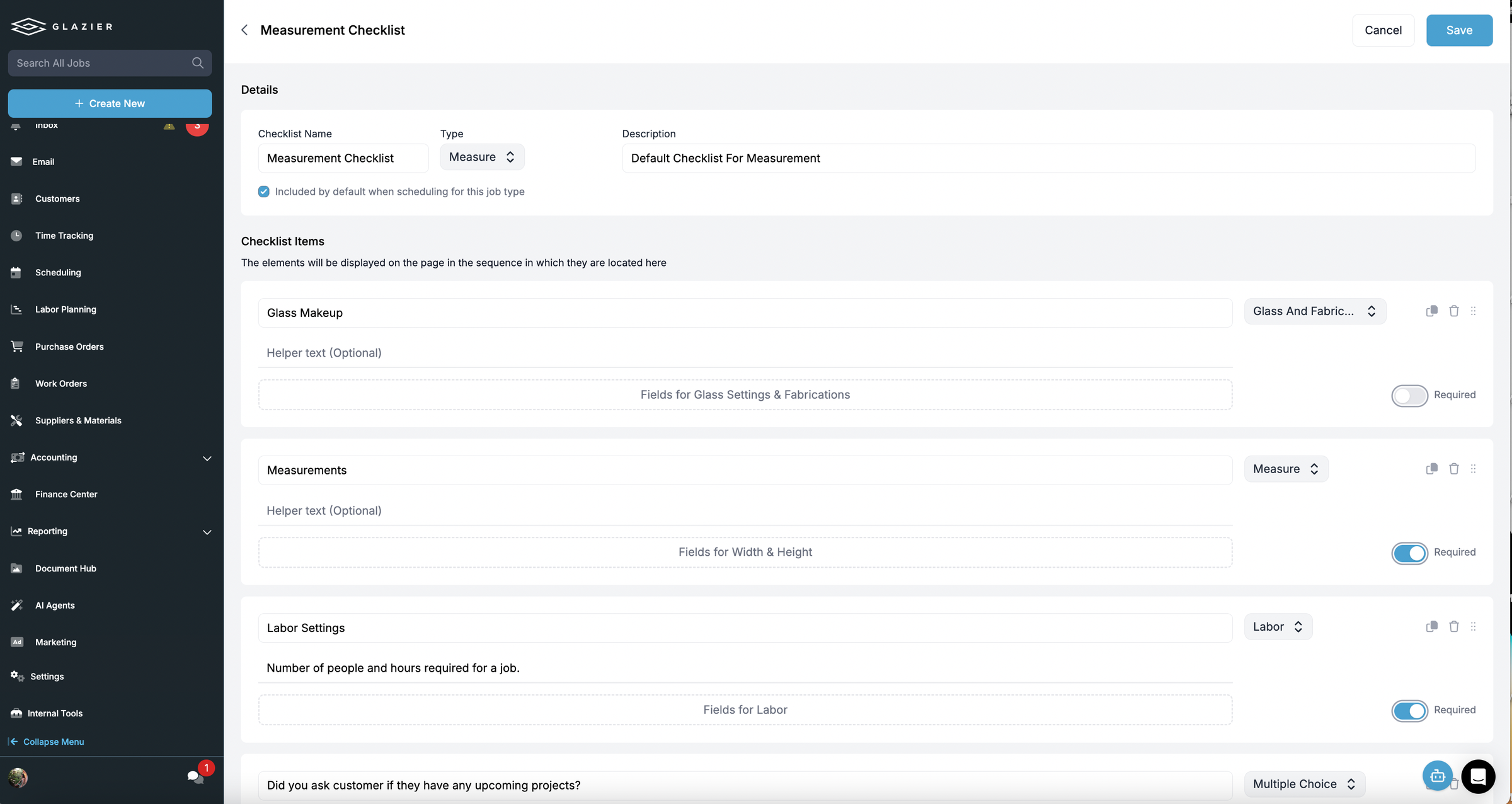 Glazier Measurement Checklist editor with a checklist name, type Measure, a description and checklist items for Glass Makeup, Measurements and Labor Settings, each with a Required switch