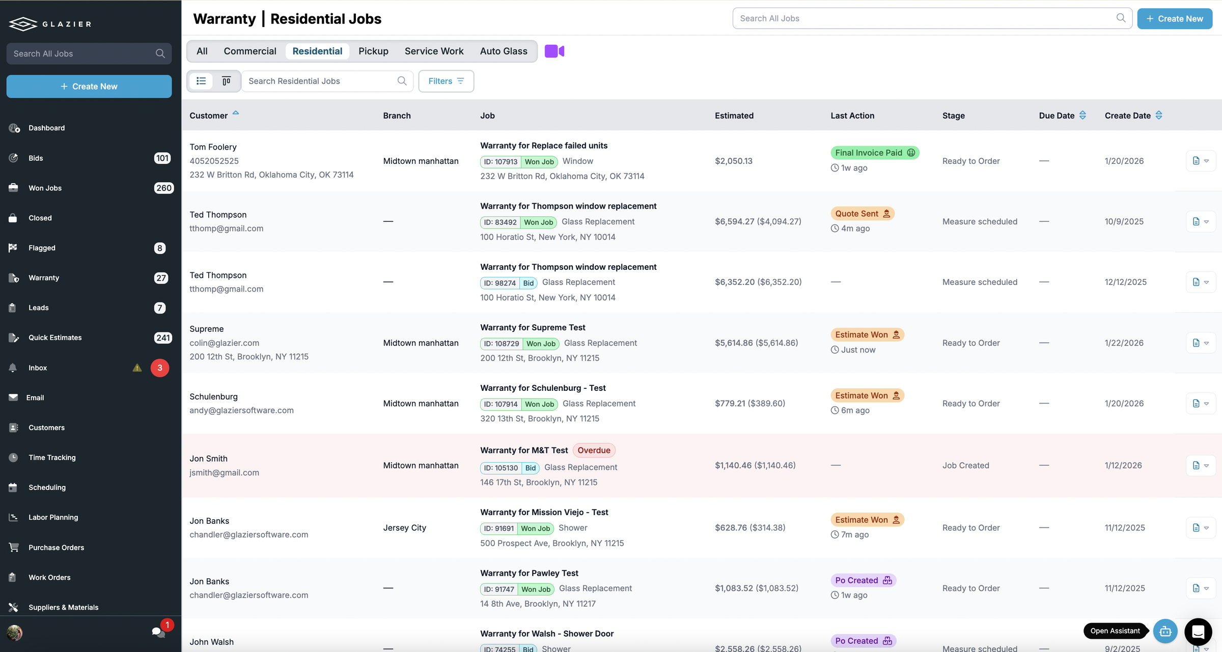 The Glazier warranty list for residential jobs, with columns for customer, branch, job, estimated amount, last action, stage, due date and created date