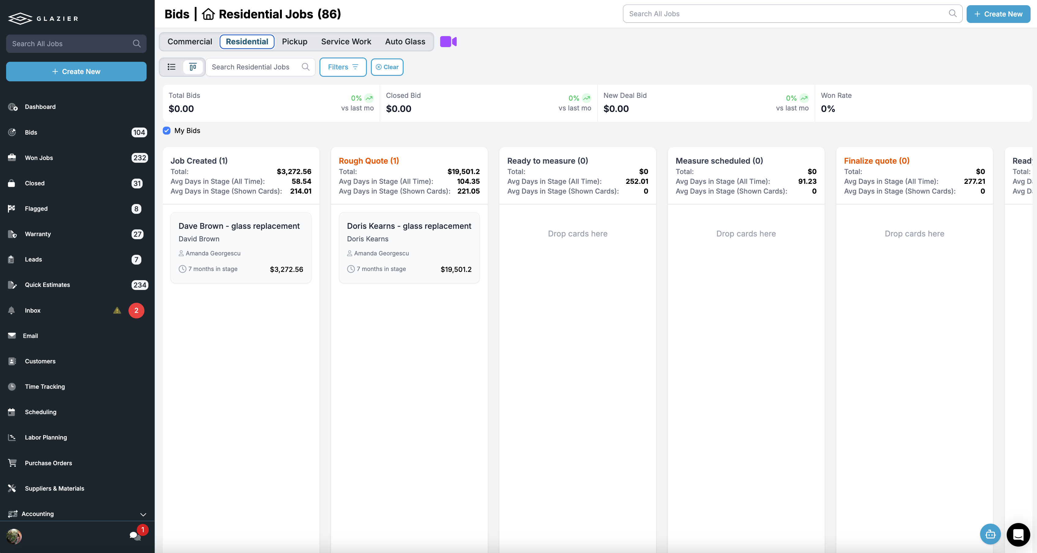 Glazier Bids pipeline on the Residential tab, laid out as stage columns from Job Created to Finalize quote, with two job cards showing an owner, time in stage and a dollar amount