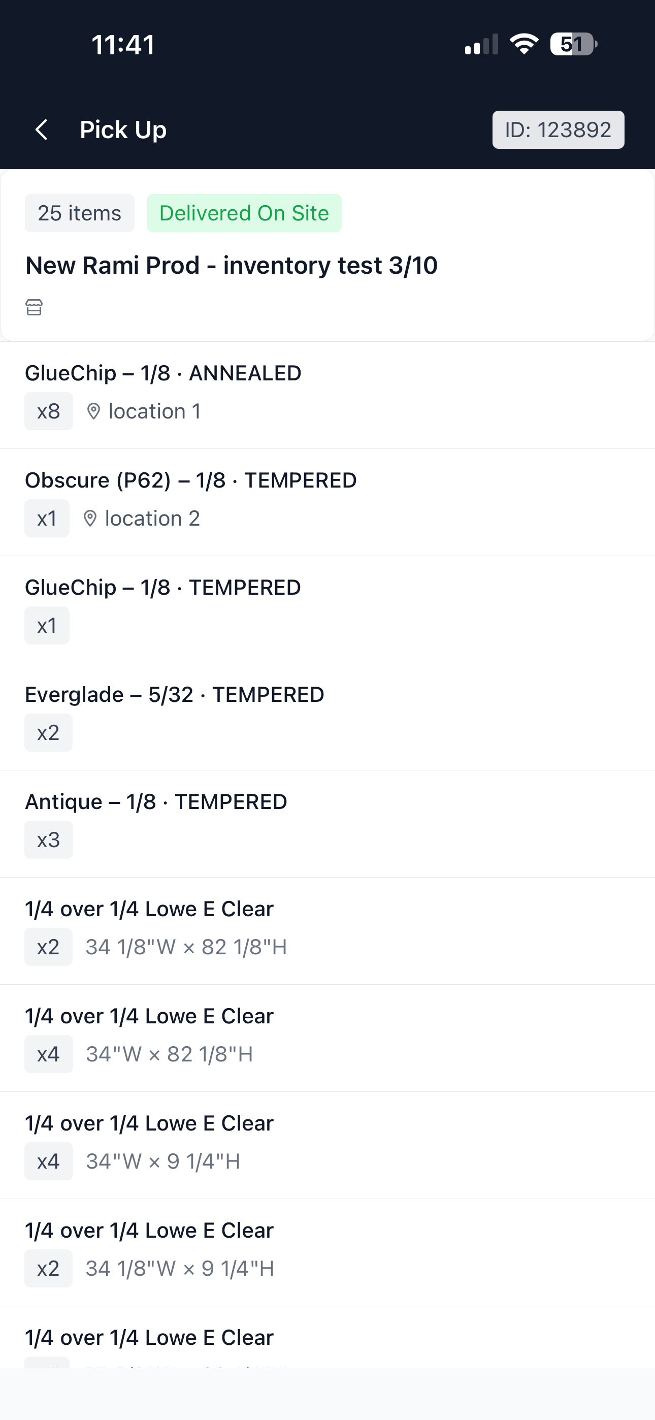 Glazier phone screen titled Pick Up showing a 25 item pick list marked Delivered On Site, with glass line items giving type, thickness, treatment and quantity, and either a shop location or a cut size