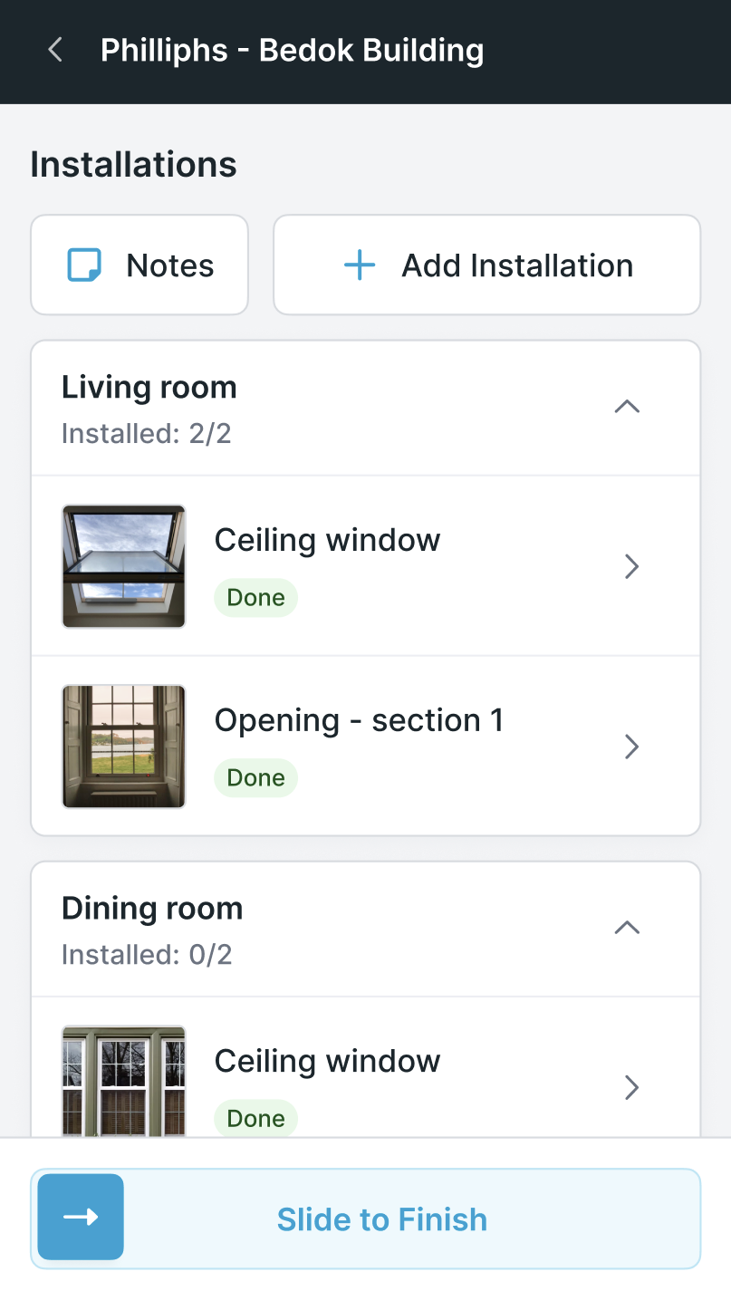 The Glazier mobile Installations screen for one job, listing rooms with the count installed, such as Living room 2 of 2, each opening with a Done tag, and a Slide to Finish bar