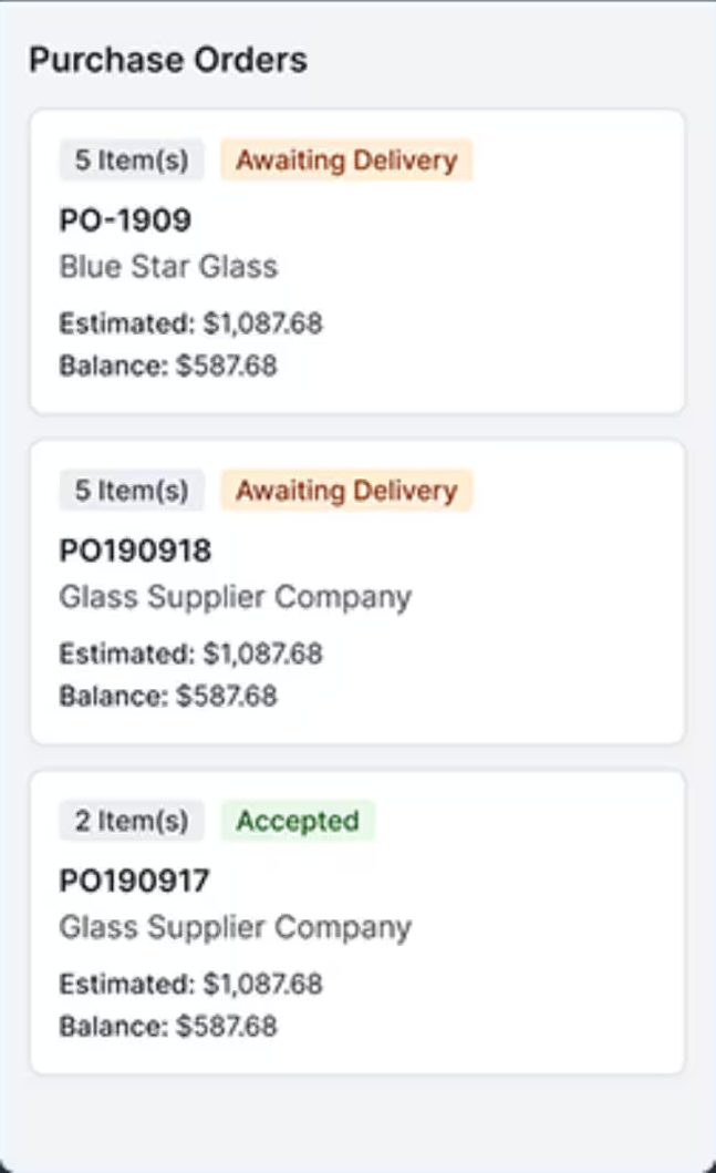 Glazier phone screen titled Purchase Orders listing three orders, two marked Awaiting Delivery and one Accepted, each with a supplier name, an item count, an estimated amount and a balance