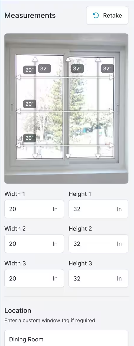 The Glazier mobile Measurements screen showing a photo of a sliding window with width and height dimensions drawn over it, input fields for Width 1 to 3 and Height 1 to 3, and a Location field reading Dining Room