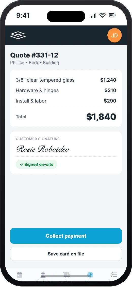 A Glazier quote on a phone: three priced lines for tempered glass, hardware and install labor, a total, a signature the customer has written on the screen with a Signed on-site tag, and buttons to collect payment or save a card on file