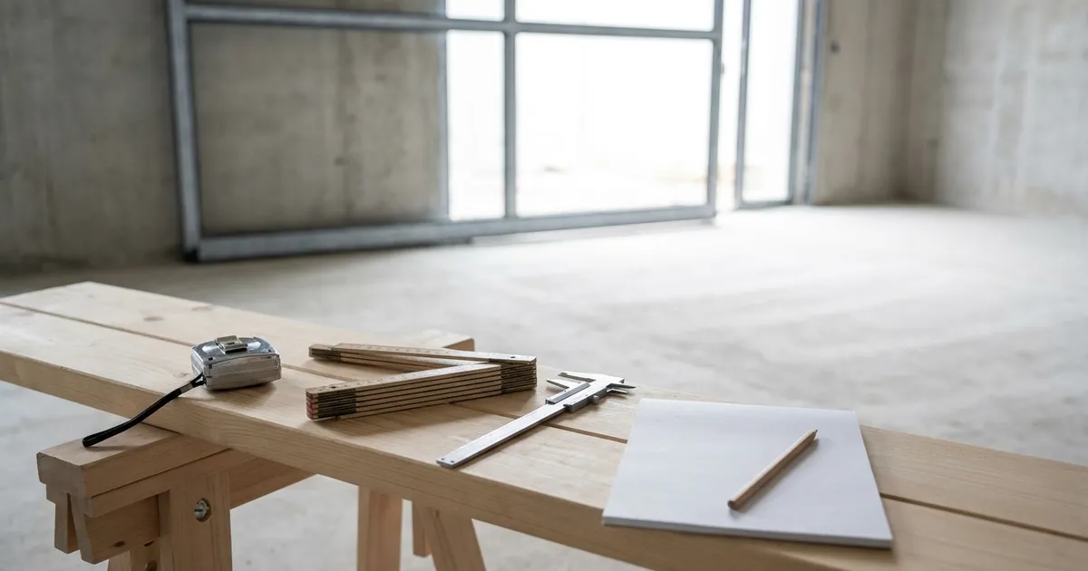 A steel tape measure, a folding wooden rule, calipers and a blank notepad with a pencil laid out on a plywood trestle, in front of an empty aluminium storefront frame waiting for its glass