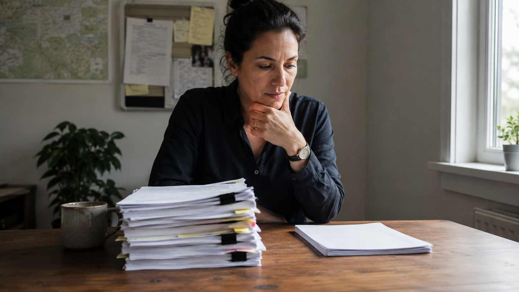 A person at a desk weighing two stacks of documents, one thick and one thin