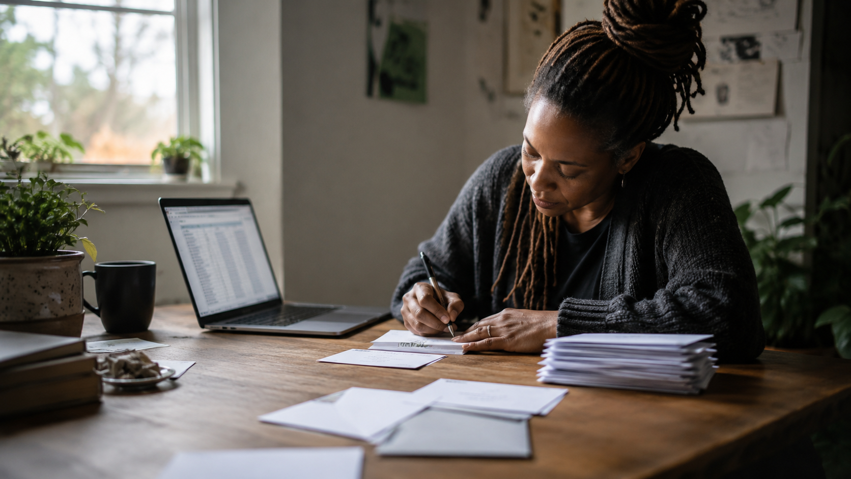 A nonprofit staffer writing thank-you cards at a wooden table