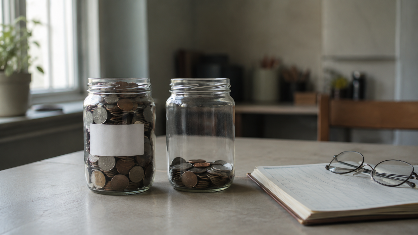 Two glass jars of coins beside a ledger, one full and one partly full