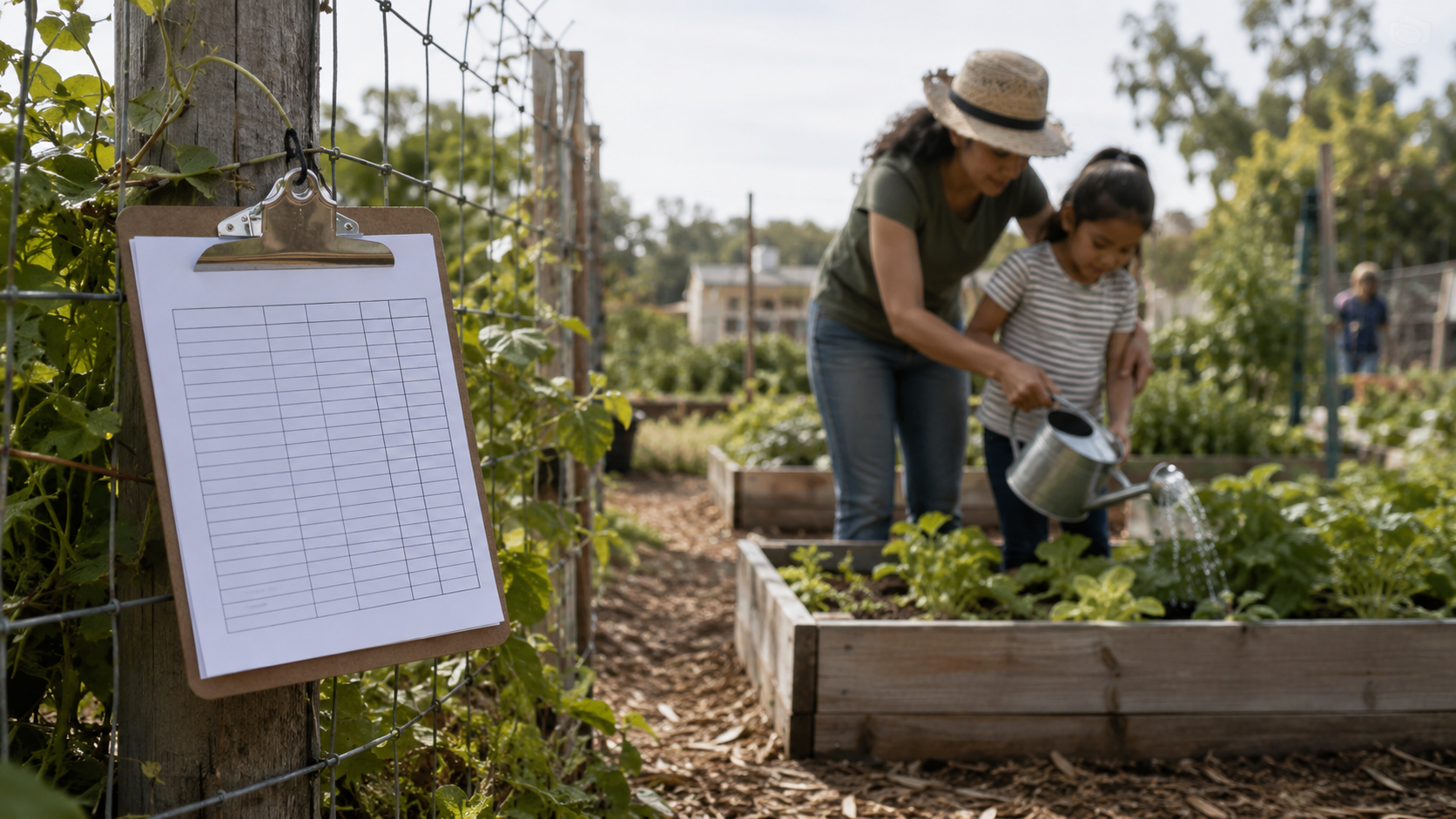 A clipboard tally sheet in a community garden with people planting behind it