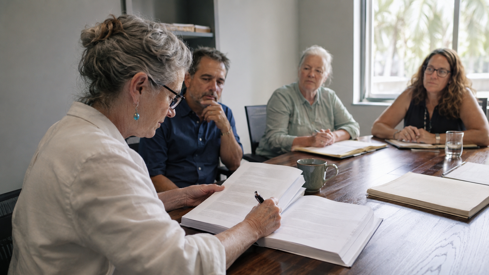 Four board members around a wooden conference table reviewing a thick printed document, one marking a page with a pen