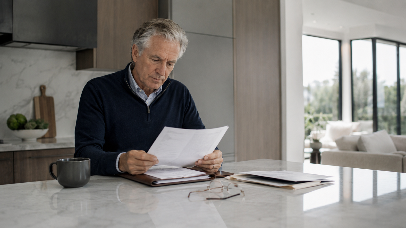 An older man at a kitchen counter reading estate paperwork, with a document folder and reading glasses beside him