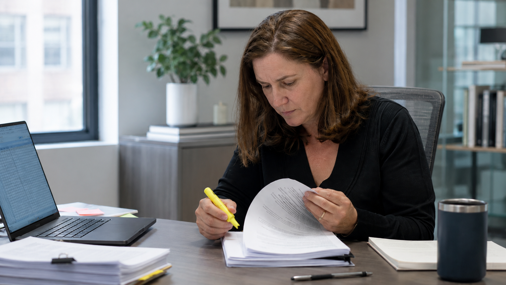 A development director at an office desk reviewing a corporate partnership agreement with a highlighter, laptop and compliance paperwork nearby
