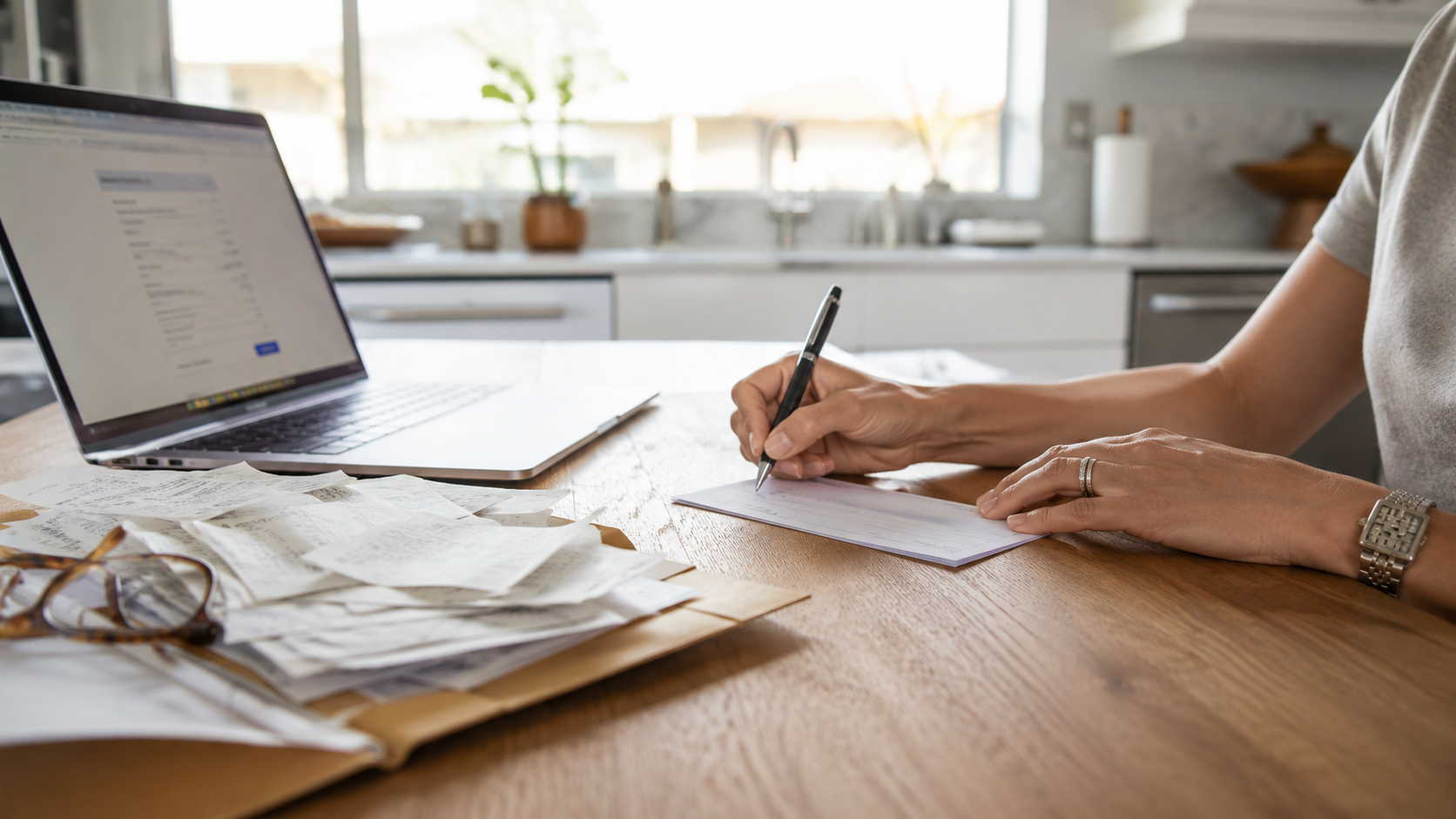 Hands at a wooden kitchen table writing a personal check beside an open laptop and a folder of paper receipts