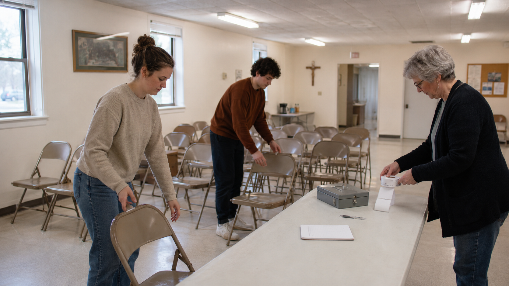Three people set up folding chairs and a sign-in table in a church basement community room before their organization's first meeting.