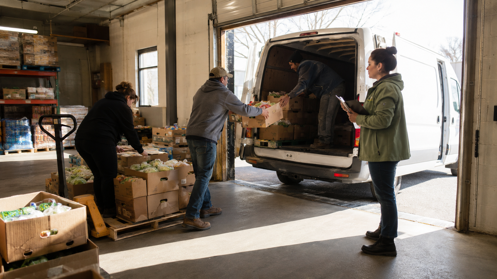 Volunteers load boxes of donated food into a delivery van at a food bank loading dock while a staff member with a clipboard looks on.
